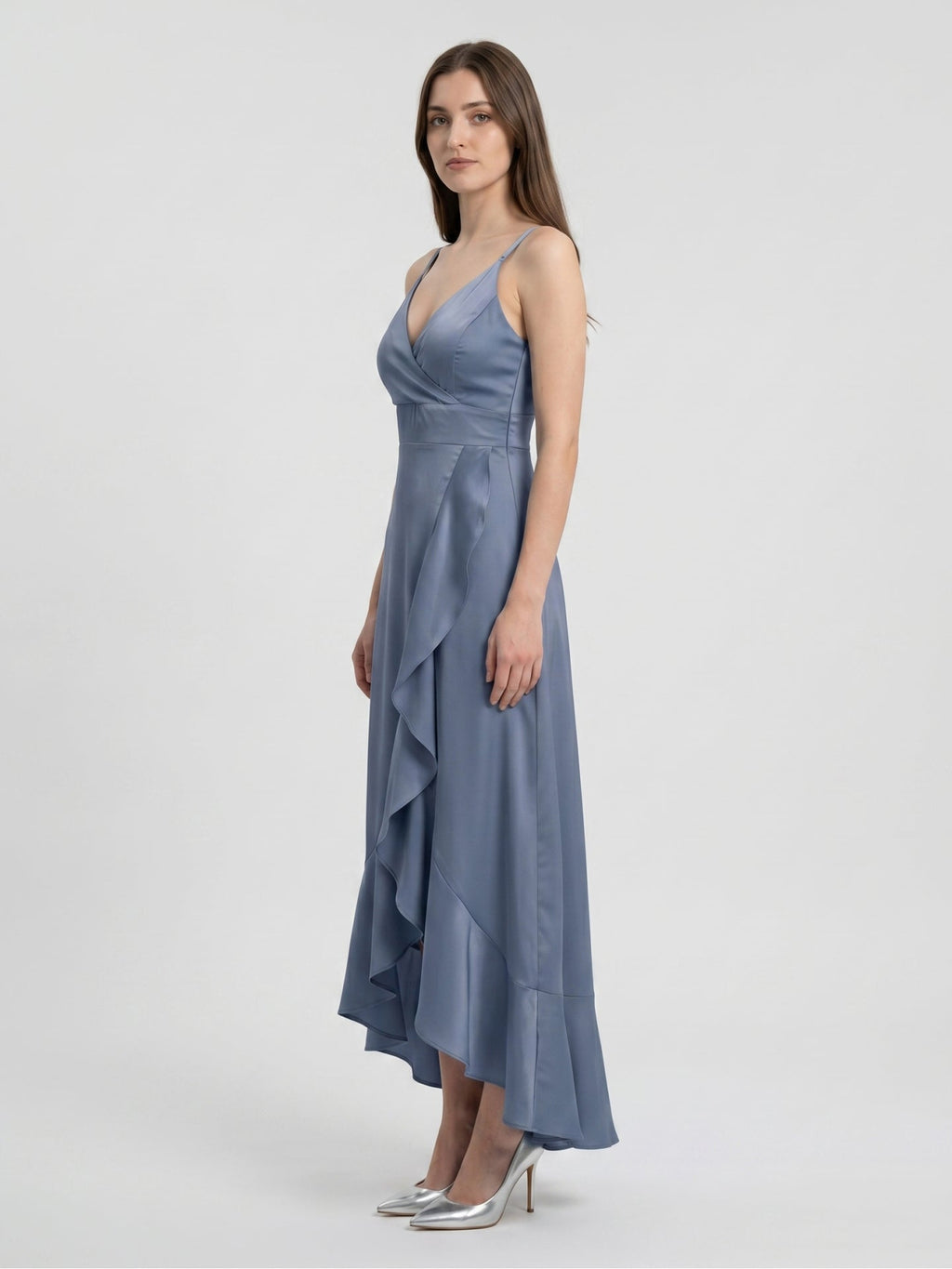 Stormy Matte Satin A-Line V-Neck V-Back Asymmetrical Bridesmaid Dress - Curvevia