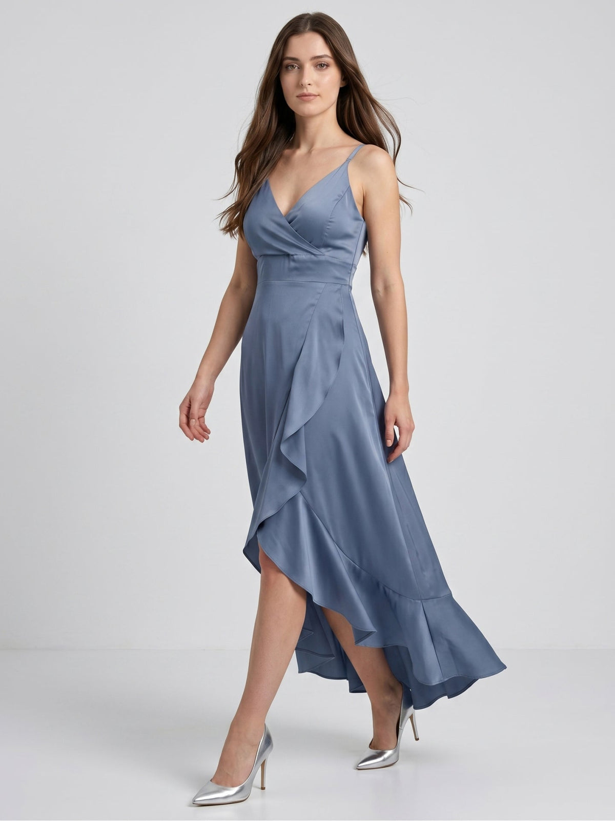Stormy Matte Satin A-Line V-Neck V-Back Asymmetrical Bridesmaid Dress - Curvevia