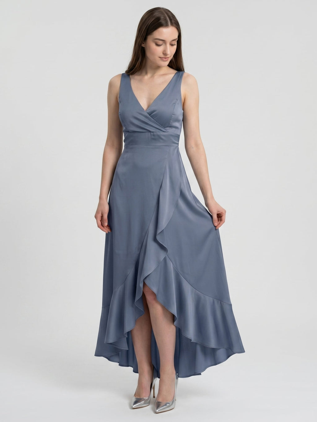 Stormy Matte Satin A-Line V-Neck V-Back Asymmetrical Bridesmaid Dress - Curvevia