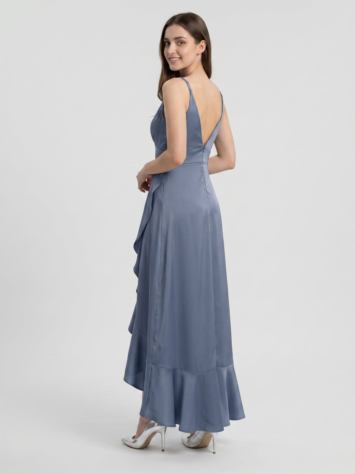 Stormy Matte Satin A-Line V-Neck V-Back Asymmetrical Bridesmaid Dress - Curvevia