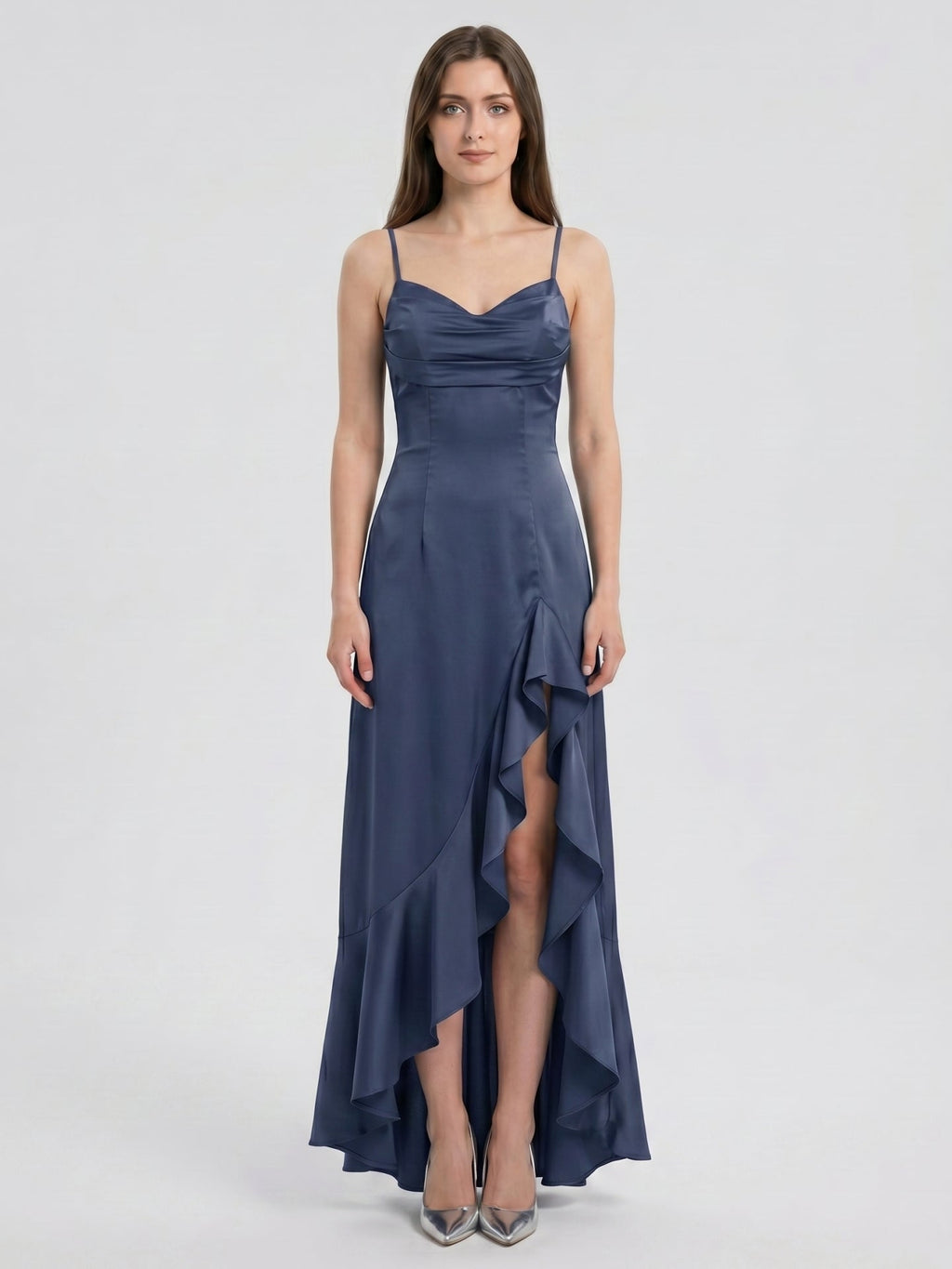 Stormy Matte Satin Mermaid V-Neck Criss-Cross Straps Asymmetrical Bridesmaid Dress - Curvevia