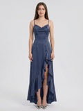 Stormy Matte Satin Mermaid V-Neck Criss-Cross Straps Asymmetrical Bridesmaid Dress - Curvevia