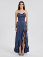Stormy Matte Satin Mermaid V-Neck Criss-Cross Straps Asymmetrical Bridesmaid Dress - Curvevia
