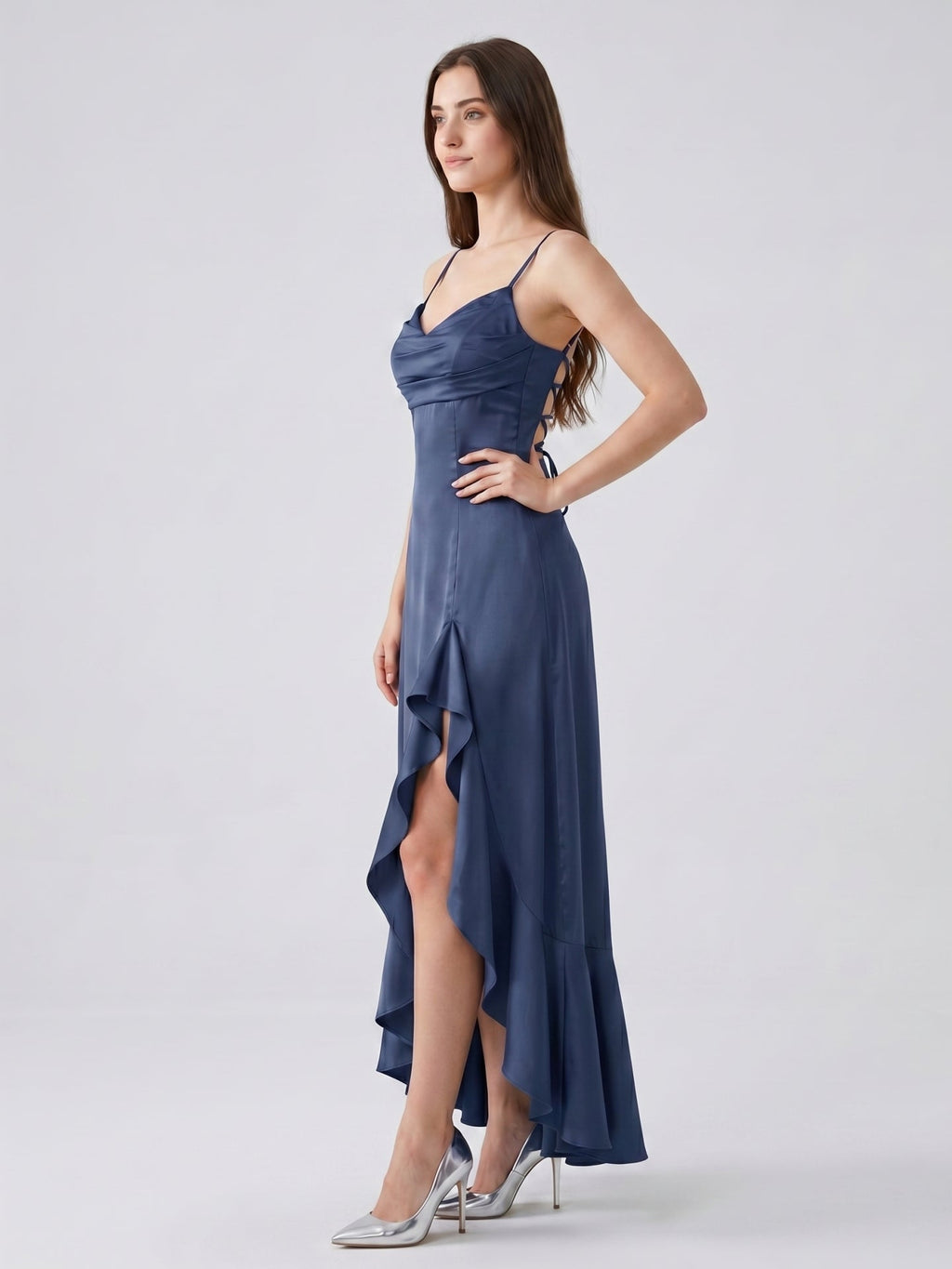 Stormy Matte Satin Mermaid V-Neck Criss-Cross Straps Asymmetrical Bridesmaid Dress - Curvevia