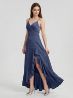 Stormy Matte Satin Mermaid V-Neck Criss-Cross Straps Asymmetrical Bridesmaid Dress - Curvevia