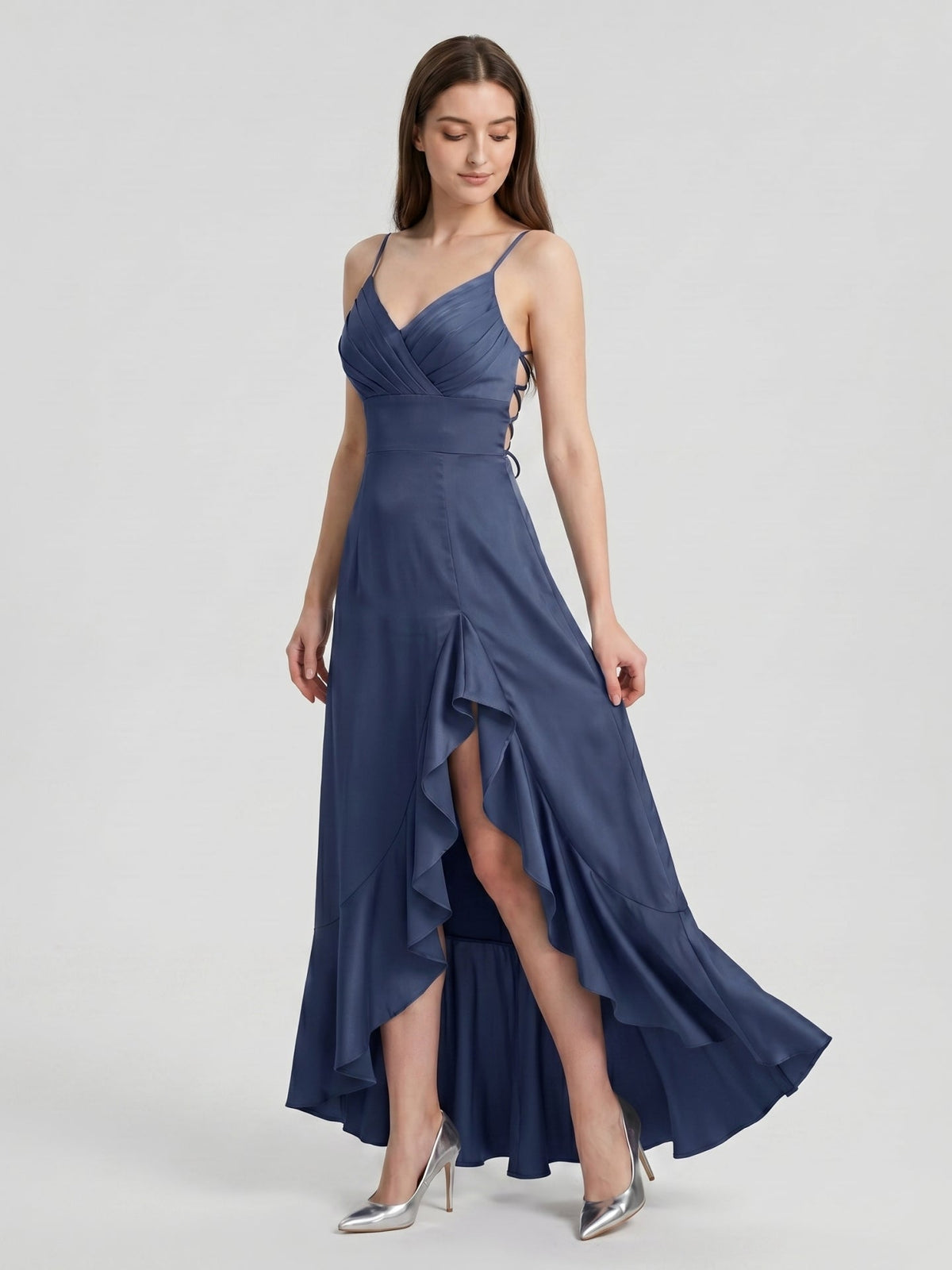 Stormy Matte Satin Mermaid V-Neck Criss-Cross Straps Asymmetrical Bridesmaid Dress - Curvevia