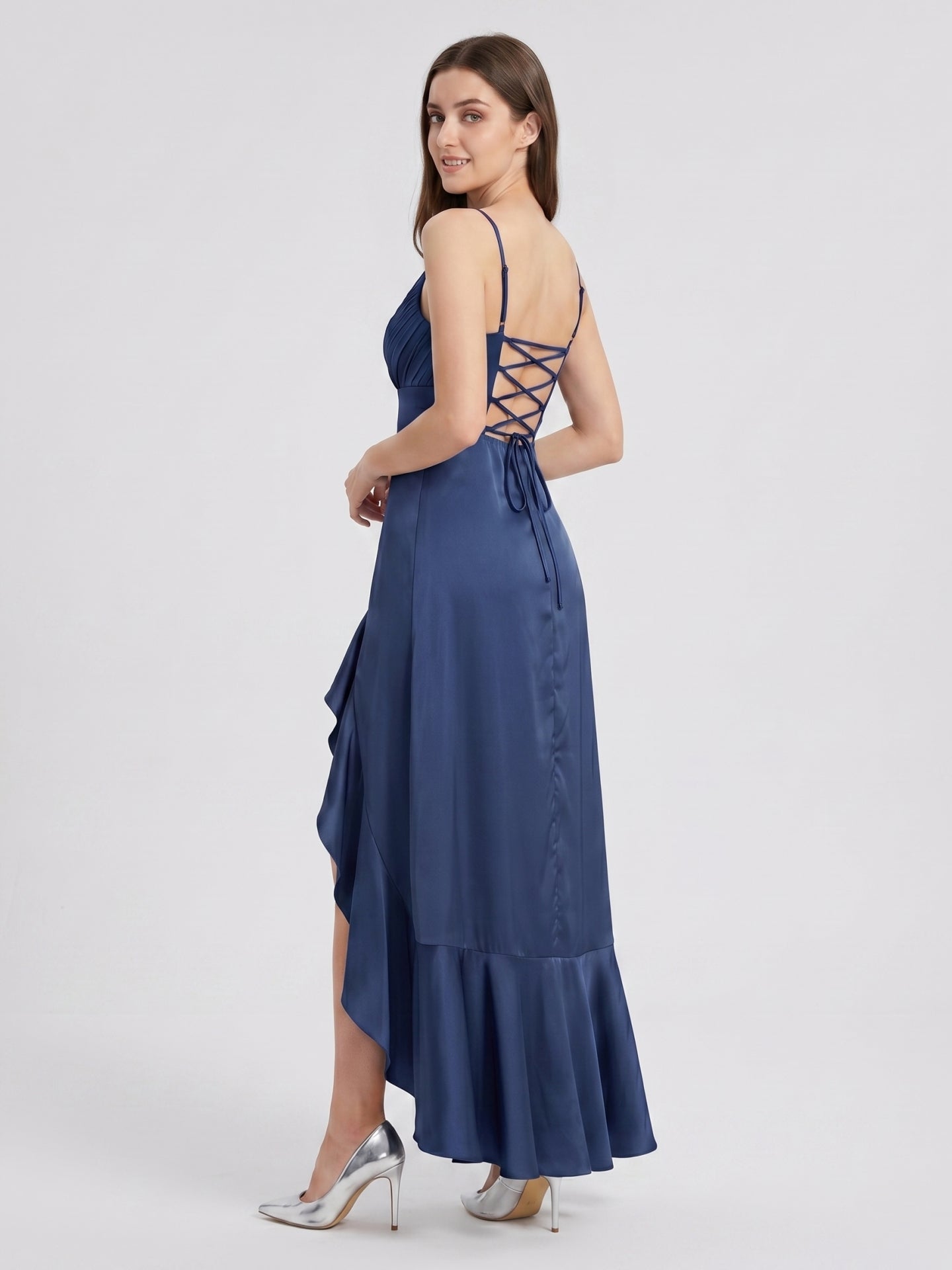 Stormy Matte Satin Mermaid V-Neck Criss-Cross Straps Asymmetrical Bridesmaid Dress - Curvevia