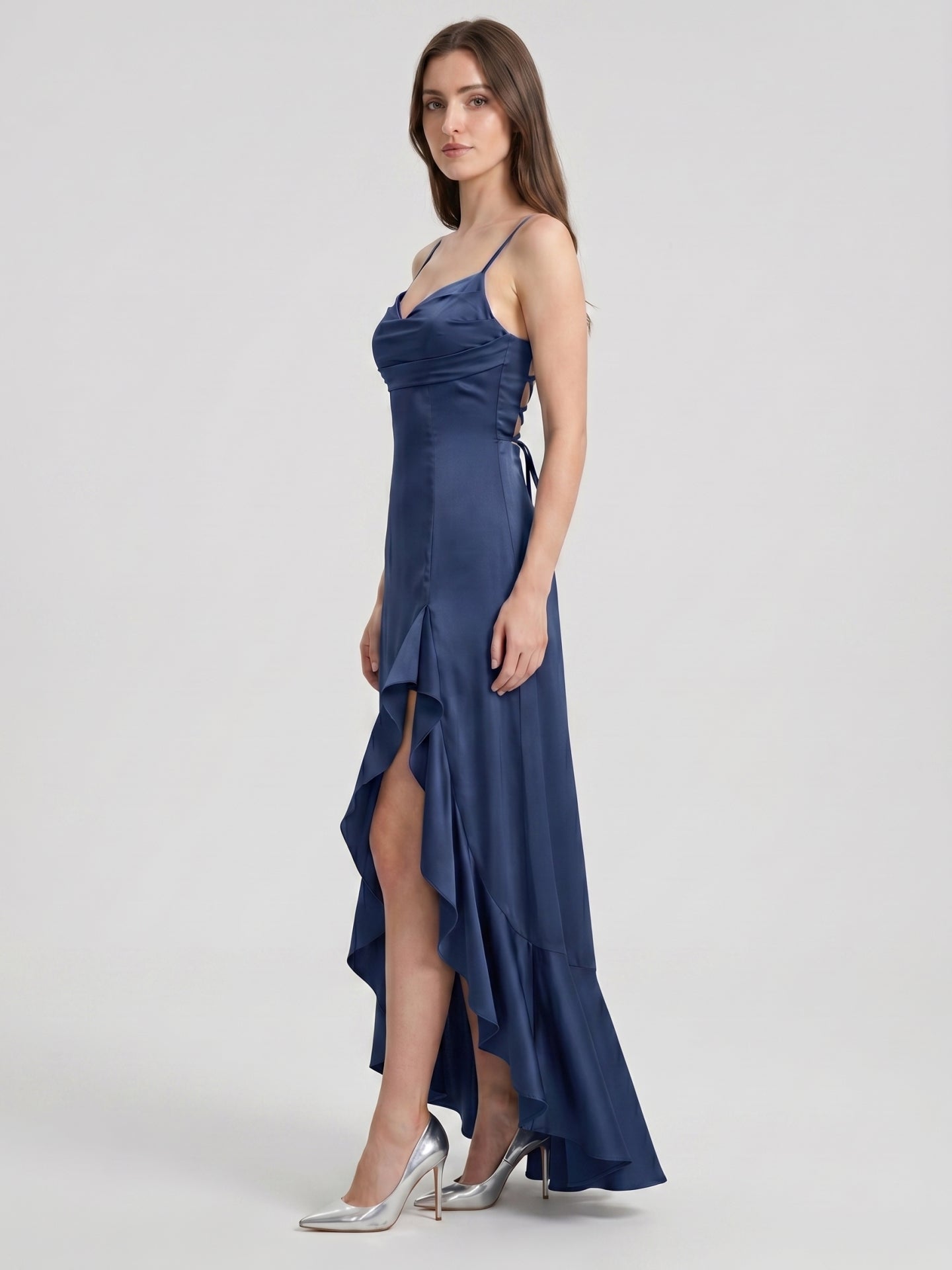 Stormy Matte Satin Mermaid V-Neck Criss-Cross Straps Asymmetrical Bridesmaid Dress - Curvevia