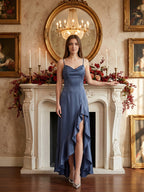 Stormy Matte Satin Mermaid V-Neck Criss-Cross Straps Asymmetrical Bridesmaid Dress - Curvevia