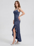 Stormy Matte Satin Sheath V-Neck Lace-up Asymmetrical Bridesmaid Dress - Curvevia
