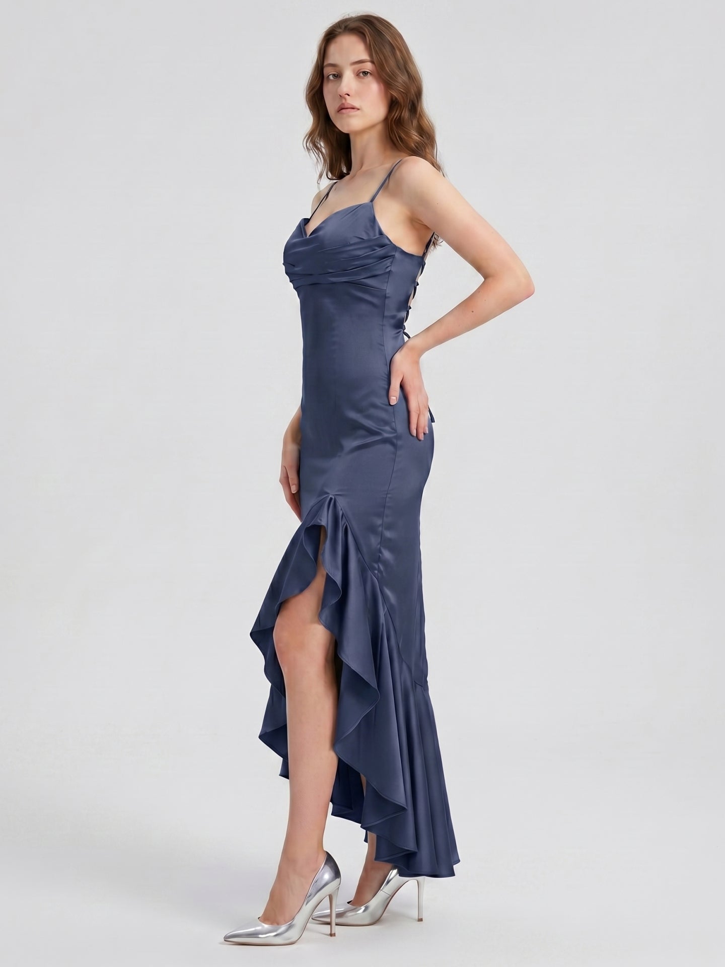 Stormy Matte Satin Sheath V-Neck Lace-up Asymmetrical Bridesmaid Dress - Curvevia