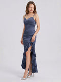 Stormy Matte Satin Sheath V-Neck Lace-up Asymmetrical Bridesmaid Dress - Curvevia
