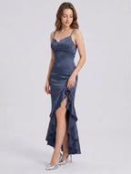 Stormy Matte Satin Sheath V-Neck Lace-up Asymmetrical Bridesmaid Dress - Curvevia
