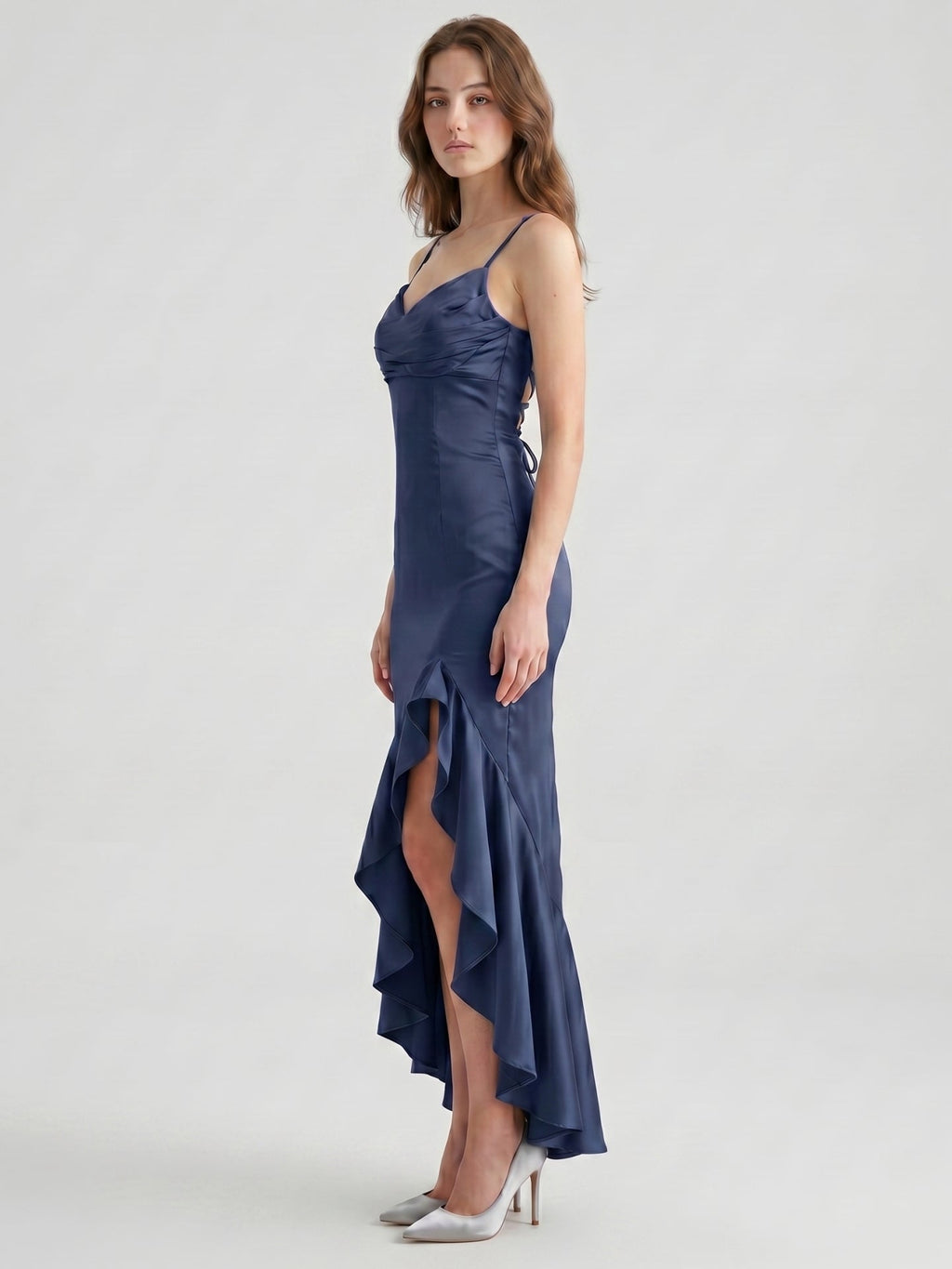 Stormy Matte Satin Sheath V-Neck Lace-up Asymmetrical Bridesmaid Dress - Curvevia