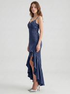 Stormy Matte Satin Sheath V-Neck Lace-up Asymmetrical Bridesmaid Dress - Curvevia
