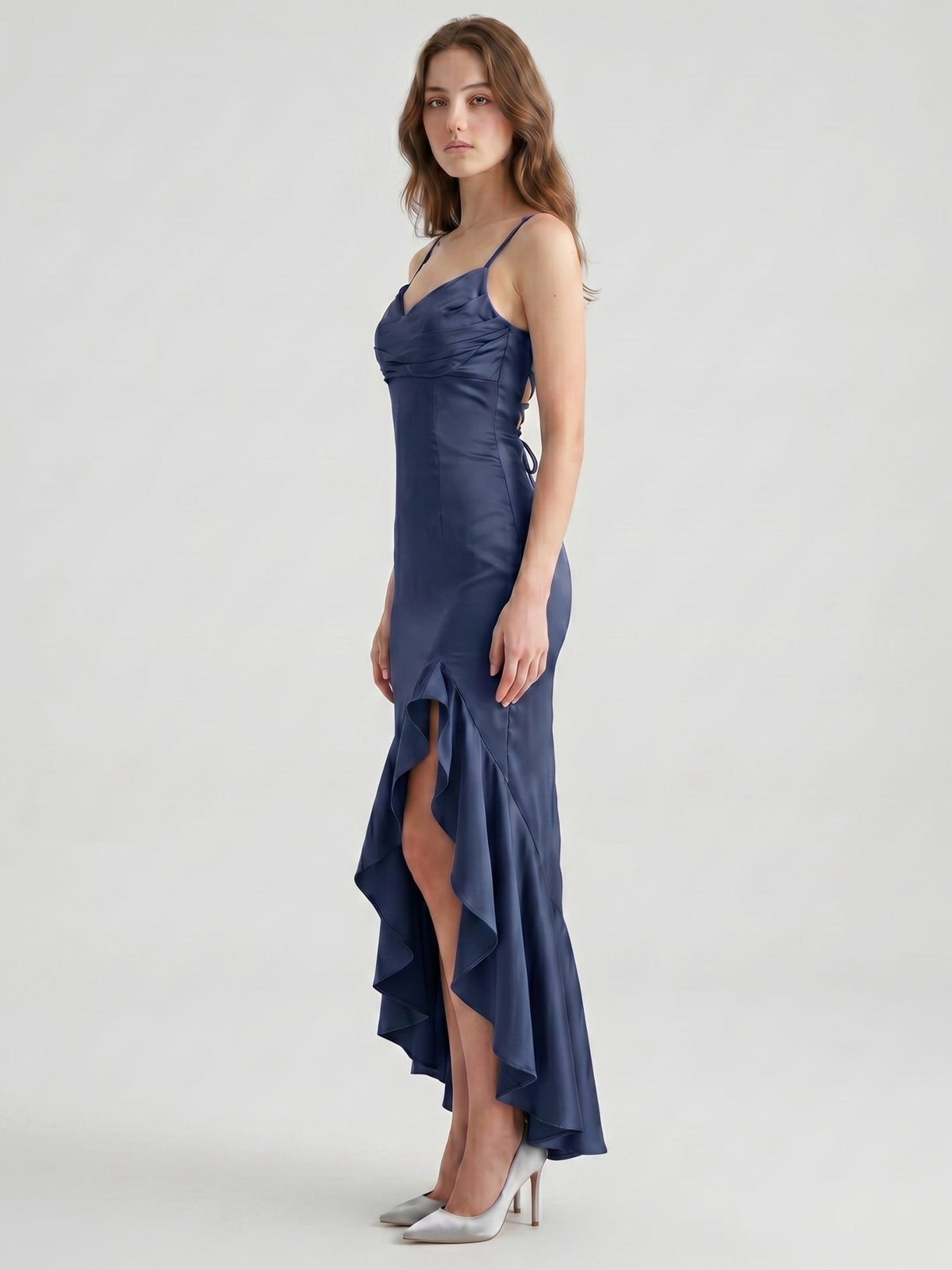 Stormy Matte Satin Sheath V-Neck Lace-up Asymmetrical Bridesmaid Dress - Curvevia