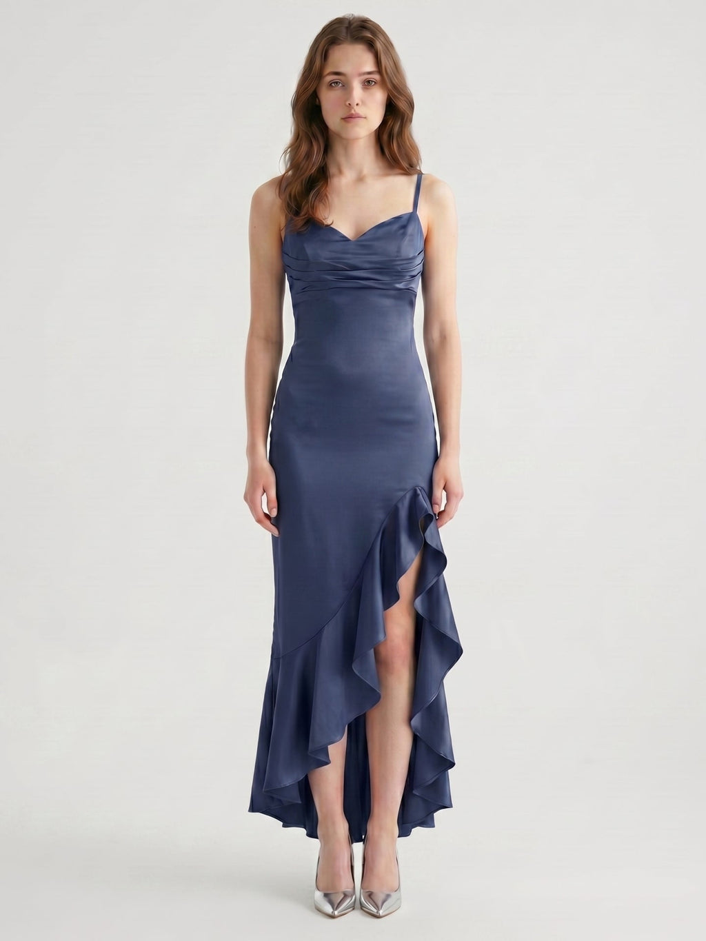 Stormy Matte Satin Sheath V-Neck Lace-up Asymmetrical Bridesmaid Dress - Curvevia