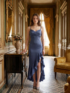 Stormy Matte Satin Sheath V-Neck Lace-up Asymmetrical Bridesmaid Dress - Curvevia