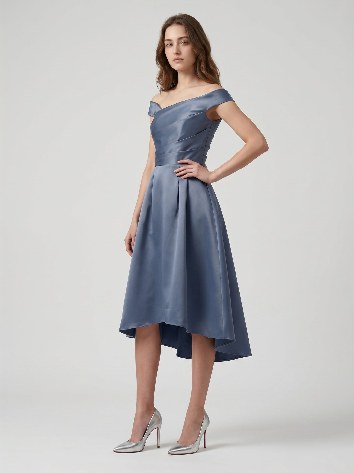 Stormy Satin A-Line Off-the-Shoulder Backless Asymmetrical Bridesmaid Dress - Curvevia