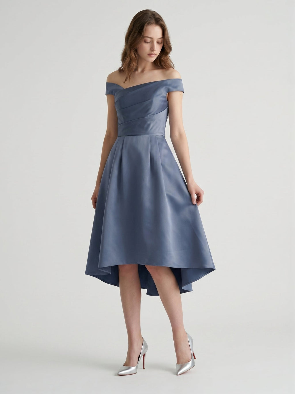 Stormy Satin A-Line Off-the-Shoulder Backless Asymmetrical Bridesmaid Dress - Curvevia