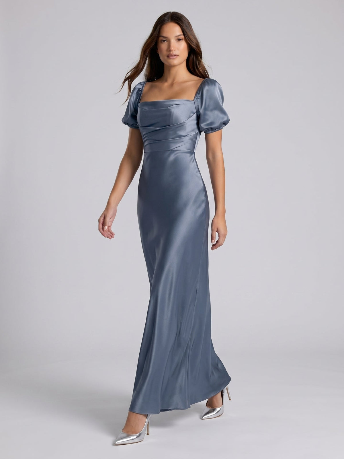 Stormy Satin A-Line Square Neck Back Zip Floor-Length Bridesmaid Dress - Curvevia