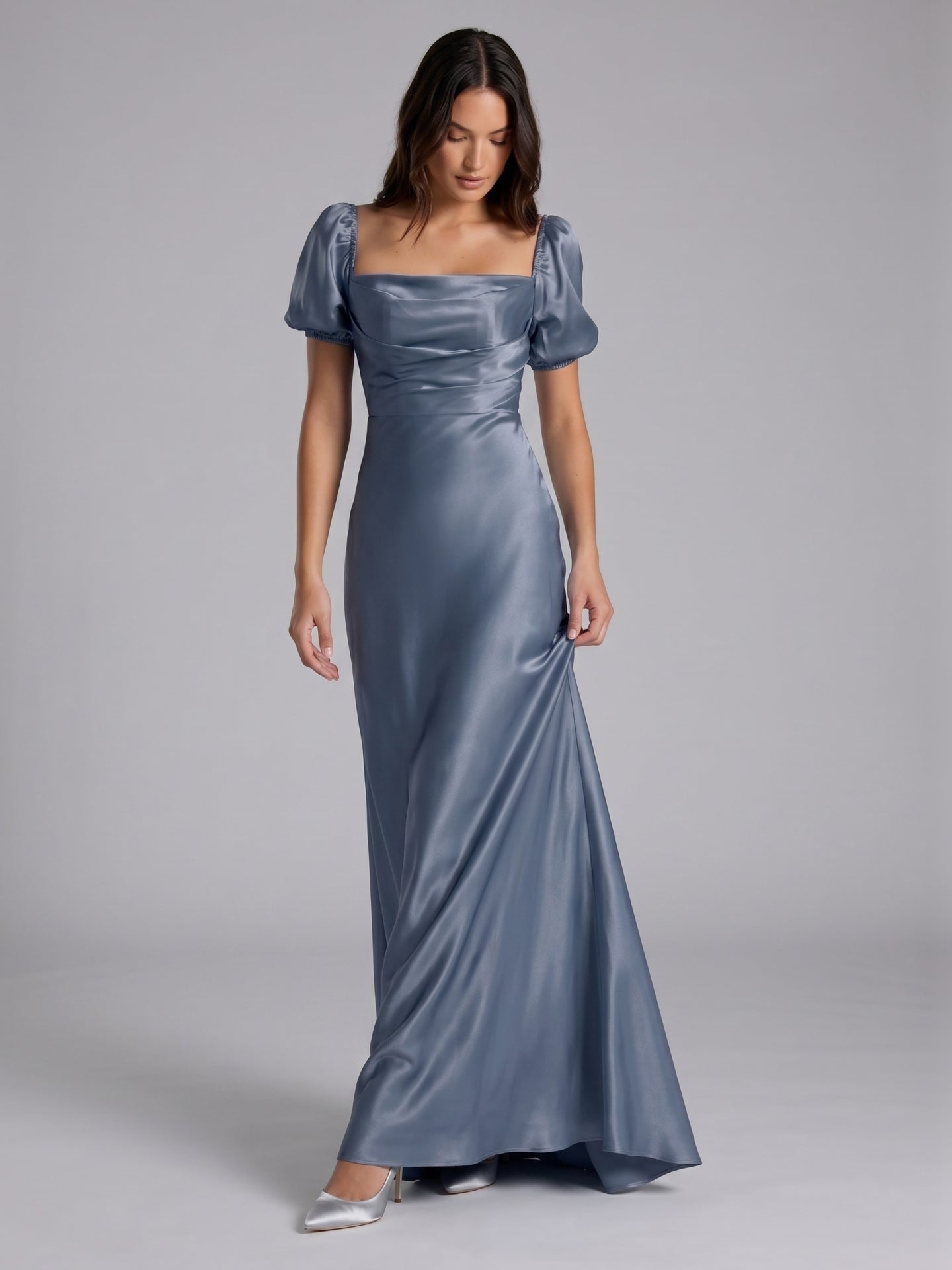 Stormy Satin A-Line Square Neck Back Zip Floor-Length Bridesmaid Dress - Curvevia