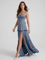 Stormy Satin A-Line Square Neck Lace-up Floor-Length Bridesmaid Dress with Ruffle - Curvevia