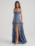 Stormy Satin A-Line Square Neck Lace-up Floor-Length Bridesmaid Dress with Ruffle - Curvevia