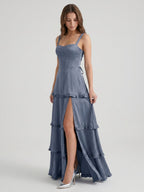 Stormy Satin A-Line Square Neck Lace-up Floor-Length Bridesmaid Dress with Ruffle - Curvevia