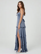 Stormy Satin A-Line Square Neck Lace-up Floor-Length Bridesmaid Dress with Ruffle - Curvevia
