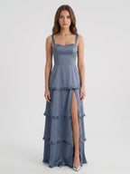 Stormy Satin A-Line Square Neck Lace-up Floor-Length Bridesmaid Dress with Ruffle - Curvevia
