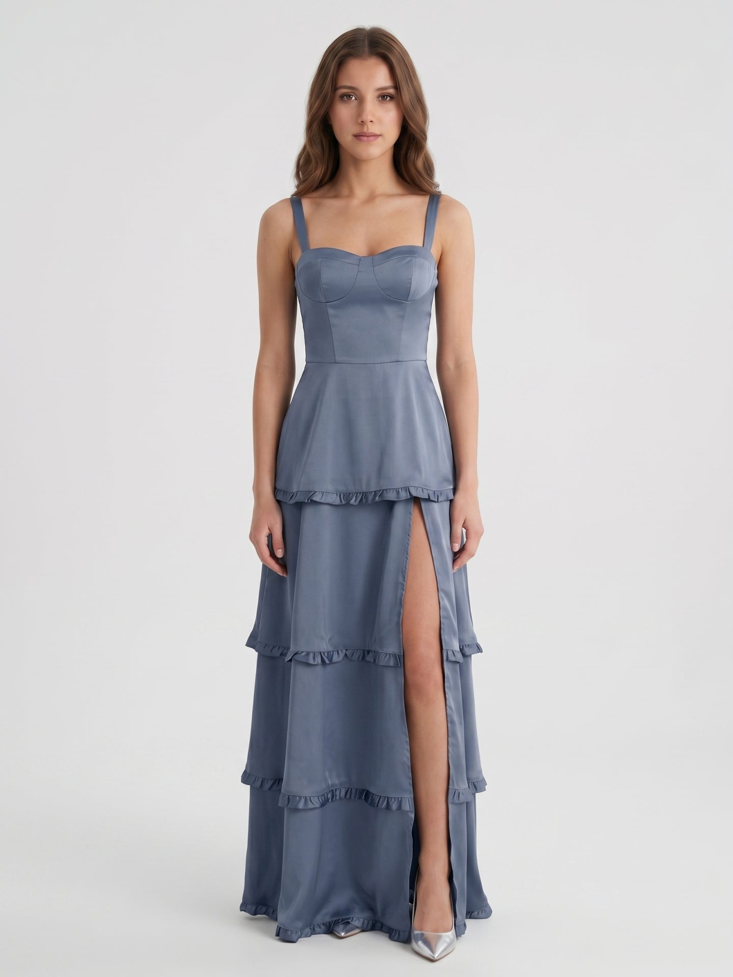Stormy Satin A-Line Square Neck Lace-up Floor-Length Bridesmaid Dress with Ruffle - Curvevia