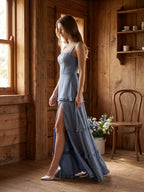Stormy Satin A-Line Square Neck Lace-up Floor-Length Bridesmaid Dress with Ruffle - Curvevia