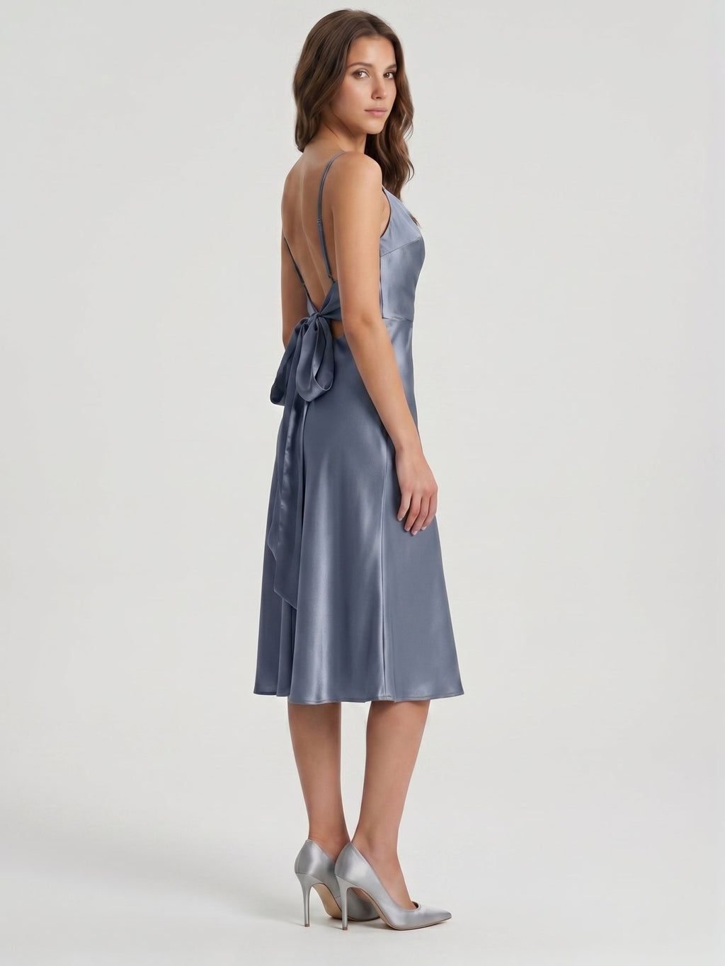 Stormy Satin Column Cowl Neck Backless Tea-Length Bridesmaid Dress - Curvevia
