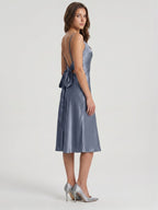 Stormy Satin Column Cowl Neck Backless Tea-Length Bridesmaid Dress - Curvevia