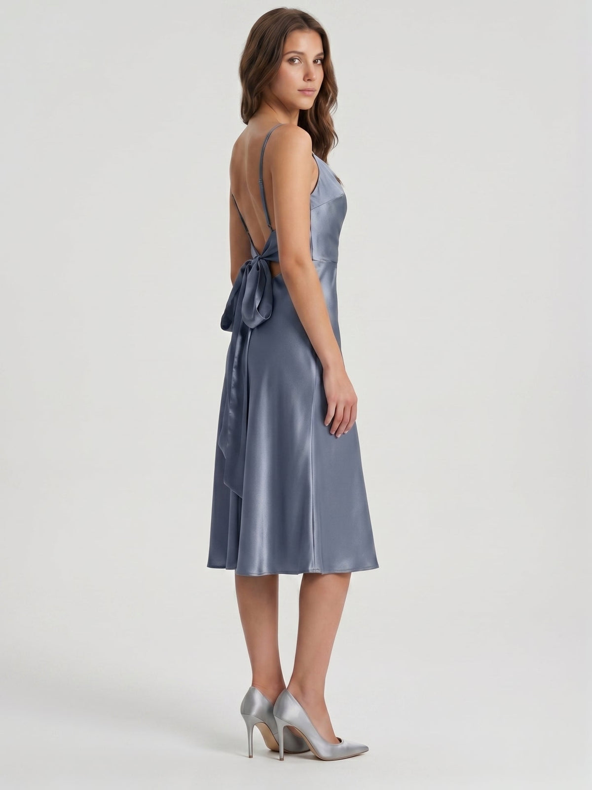 Stormy Satin Column Cowl Neck Backless Tea-Length Bridesmaid Dress - Curvevia