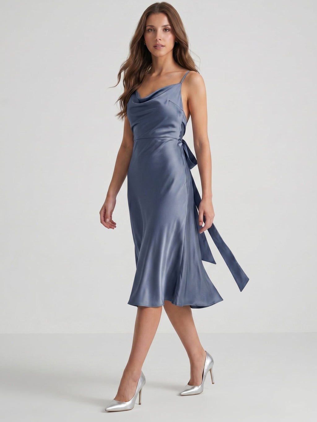 Stormy Satin Column Cowl Neck Backless Tea-Length Bridesmaid Dress - Curvevia