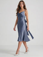 Stormy Satin Column Cowl Neck Backless Tea-Length Bridesmaid Dress - Curvevia