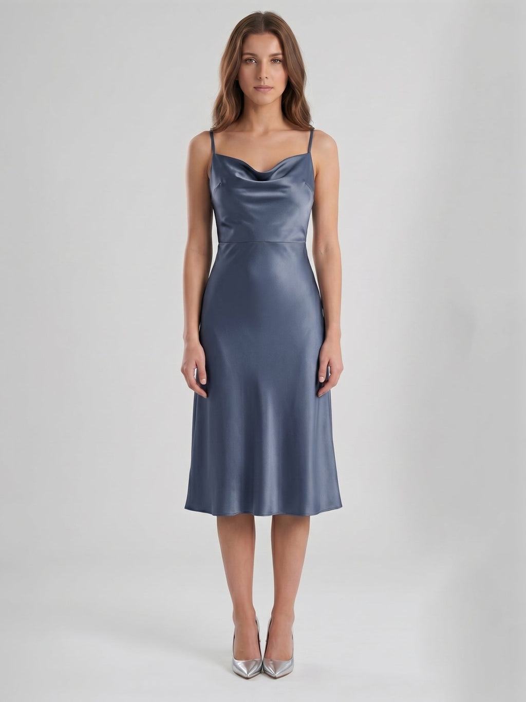 Stormy Satin Column Cowl Neck Backless Tea-Length Bridesmaid Dress - Curvevia
