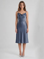 Stormy Satin Column Cowl Neck Backless Tea-Length Bridesmaid Dress - Curvevia