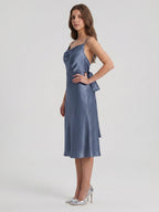 Stormy Satin Column Cowl Neck Backless Tea-Length Bridesmaid Dress - Curvevia