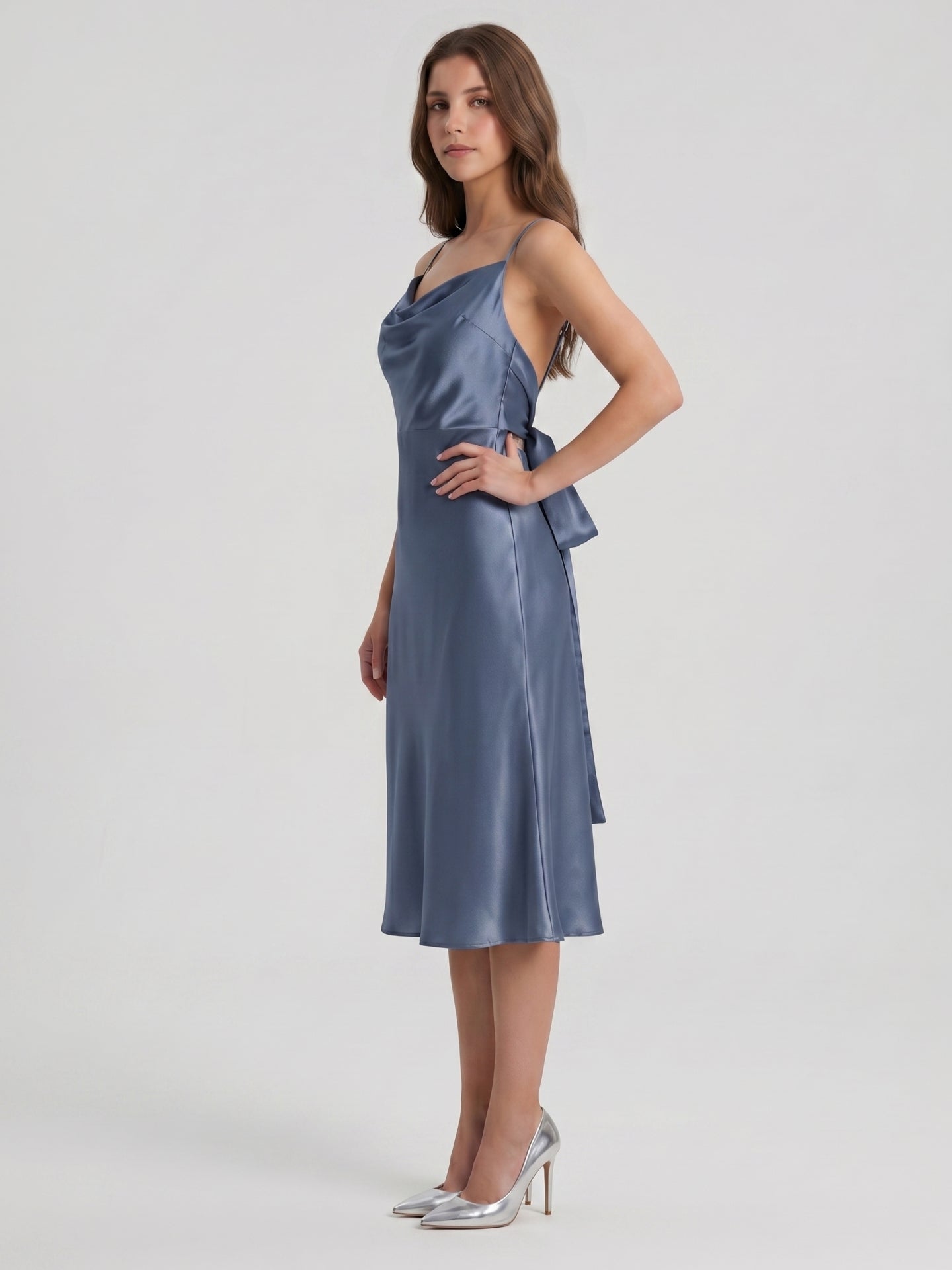 Stormy Satin Column Cowl Neck Backless Tea-Length Bridesmaid Dress - Curvevia