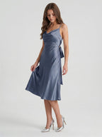Stormy Satin Column Cowl Neck Backless Tea-Length Bridesmaid Dress - Curvevia