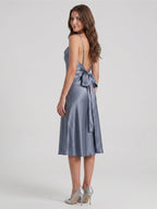 Stormy Satin Column Cowl Neck Backless Tea-Length Bridesmaid Dress - Curvevia