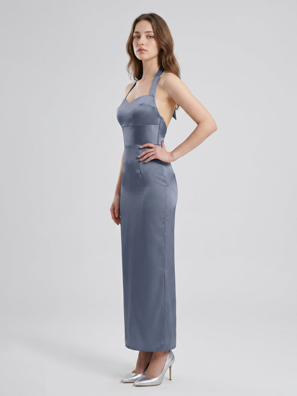 Stormy Satin Column Halter Neckline Backless Floor-Length Bridesmaid Dress - Curvevia
