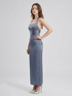 Stormy Satin Column Halter Neckline Backless Floor-Length Bridesmaid Dress - Curvevia
