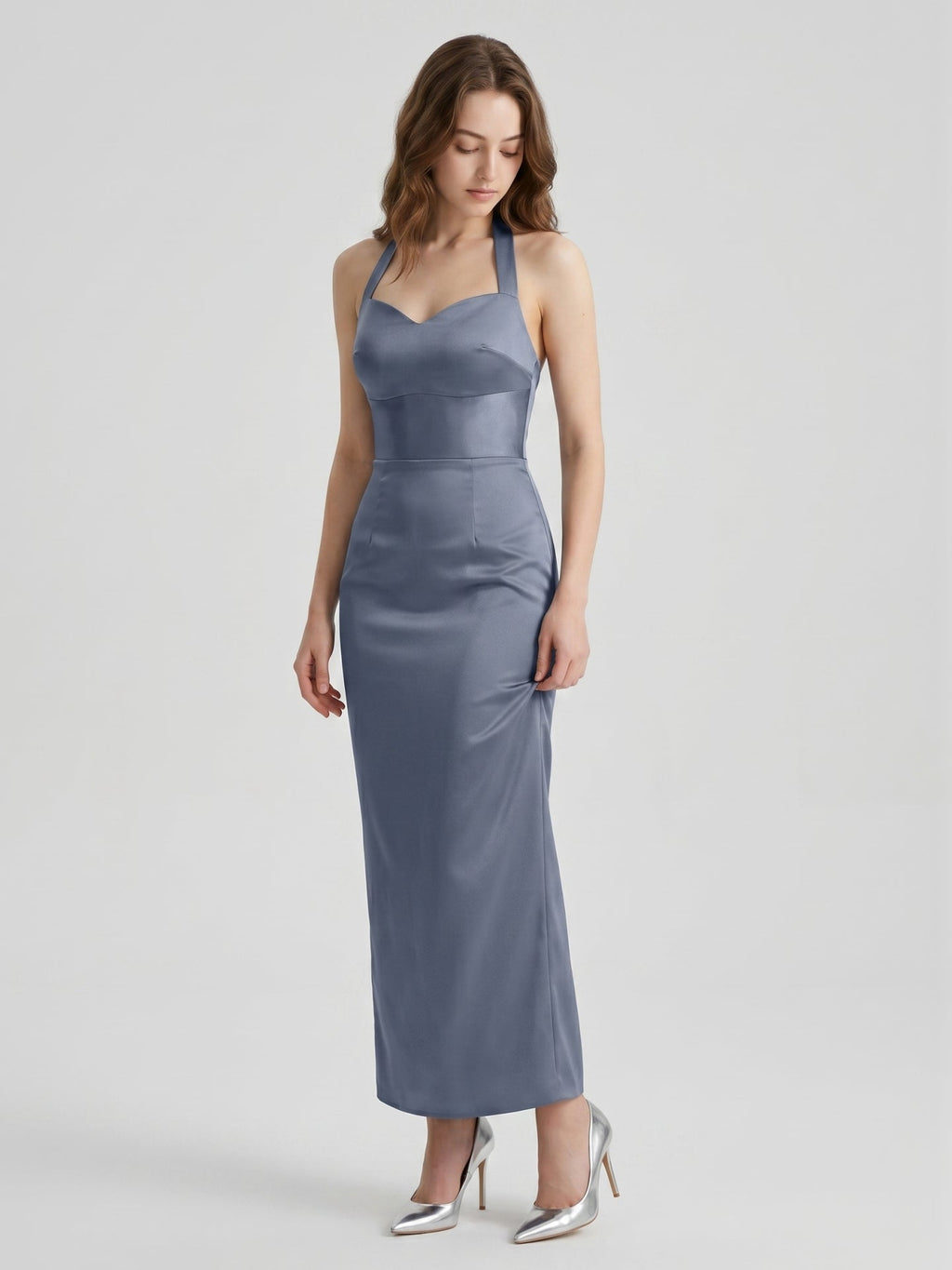 Stormy Satin Column Halter Neckline Backless Floor-Length Bridesmaid Dress - Curvevia