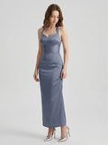 Stormy Satin Column Halter Neckline Backless Floor-Length Bridesmaid Dress - Curvevia