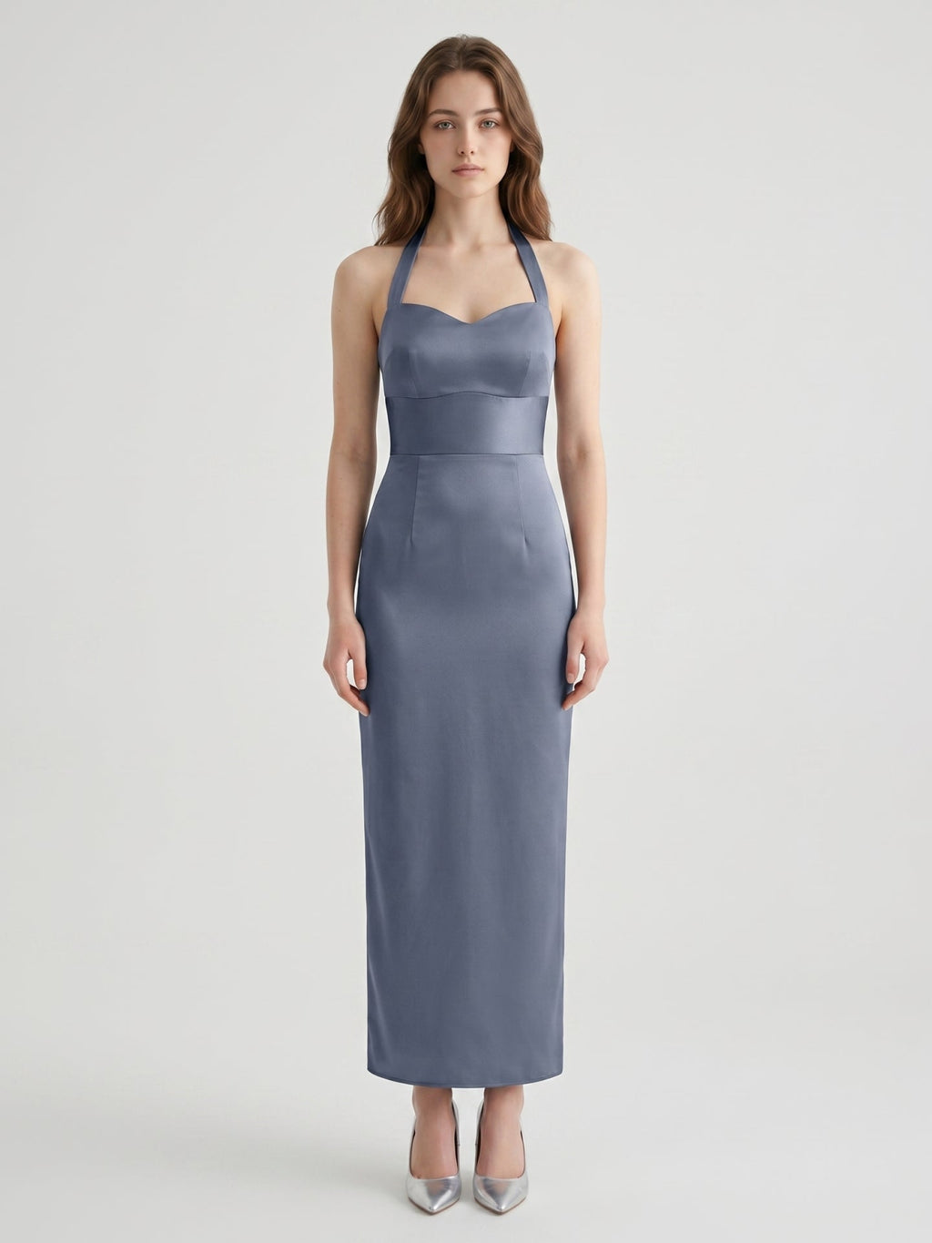 Stormy Satin Column Halter Neckline Backless Floor-Length Bridesmaid Dress - Curvevia