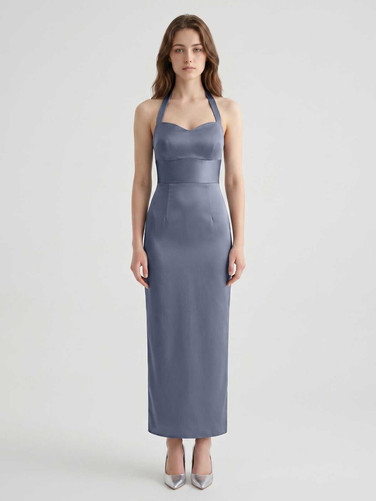 Stormy Satin Column Halter Neckline Backless Floor-Length Bridesmaid Dress - Curvevia